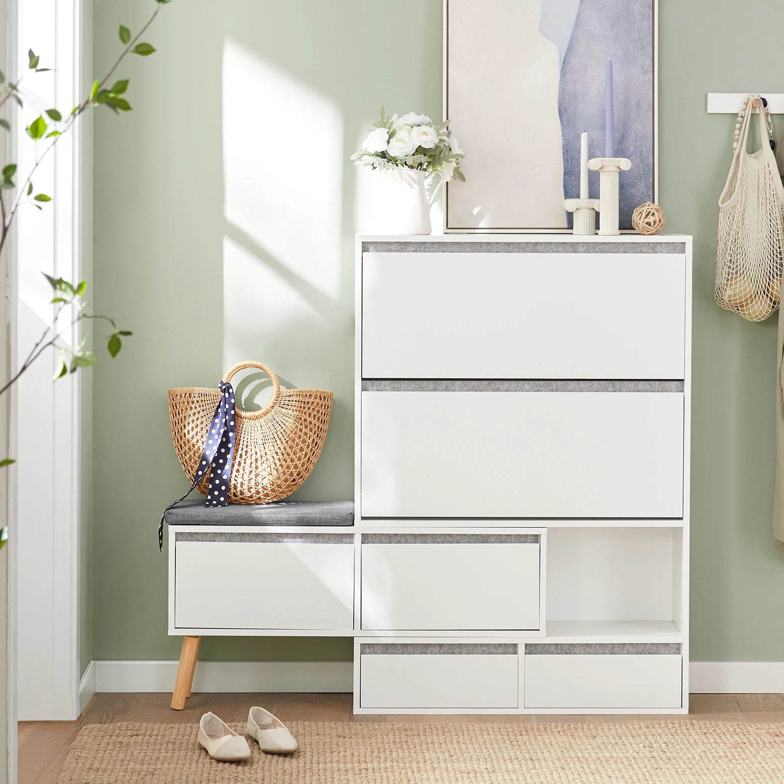 SoBuy FSR134-W Shoe dump truck Shoe shelf with 2 flaps, 2 doors and 2 drawers Hallway cabinet with bench Shoe bench with seat