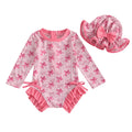 Kids Baby Girl Summer Swimwear Floral Print Backless Ruffles Long Sleeve Bodysuit Bathing Suit Girls Beachwear 0-4 Years