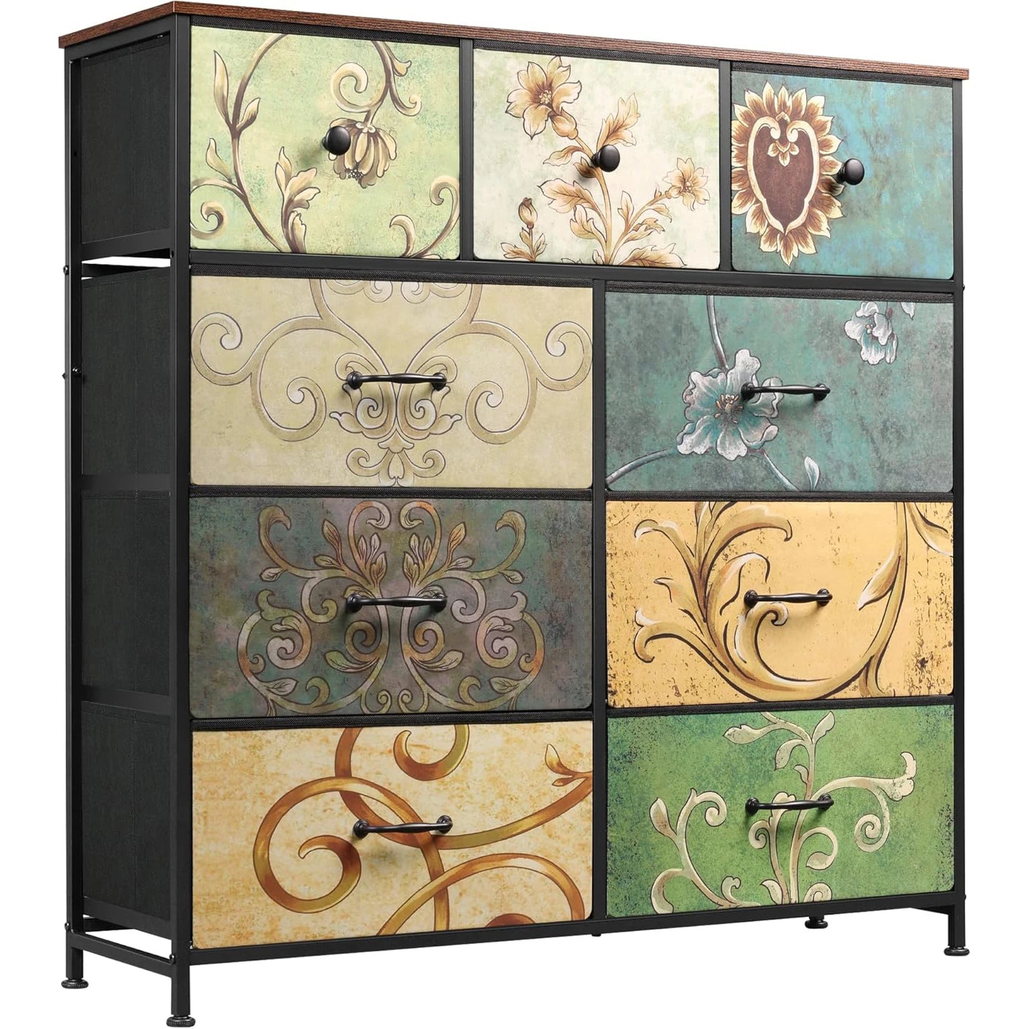 Rosahqnda chest of drawers with drawers Bohemian dressing table with wooden panel, fabric drawers, metal frame, fabric chest of drawers