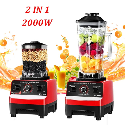 2-in-1 Electric Blender 2000W High Power Heavy Duty Commercial Blender Food Processor Ice Smoothies Kitchen Stationary Mixer