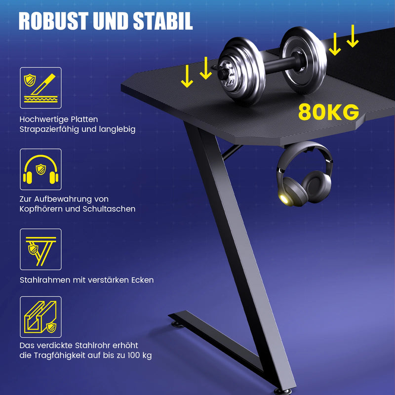 GTPLAYER Gaming table, Gaming desk 120x60cm, PC table Gamer table with Carbon Fiber Surface/LED/socket, Black