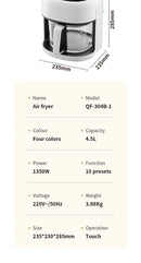 Smart Electric Air Fryer Large Capacity Convection Oven Deep Fryer Without Oil Kitchen 360°Baking Viewable Window Home Appliance