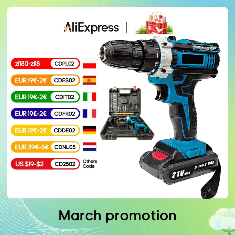 21V Cordless Electric Impact Drill Screwdriver 1600rpm High Speed Drills Rechargeable 32 Torque Household Drill Power DIY Tools