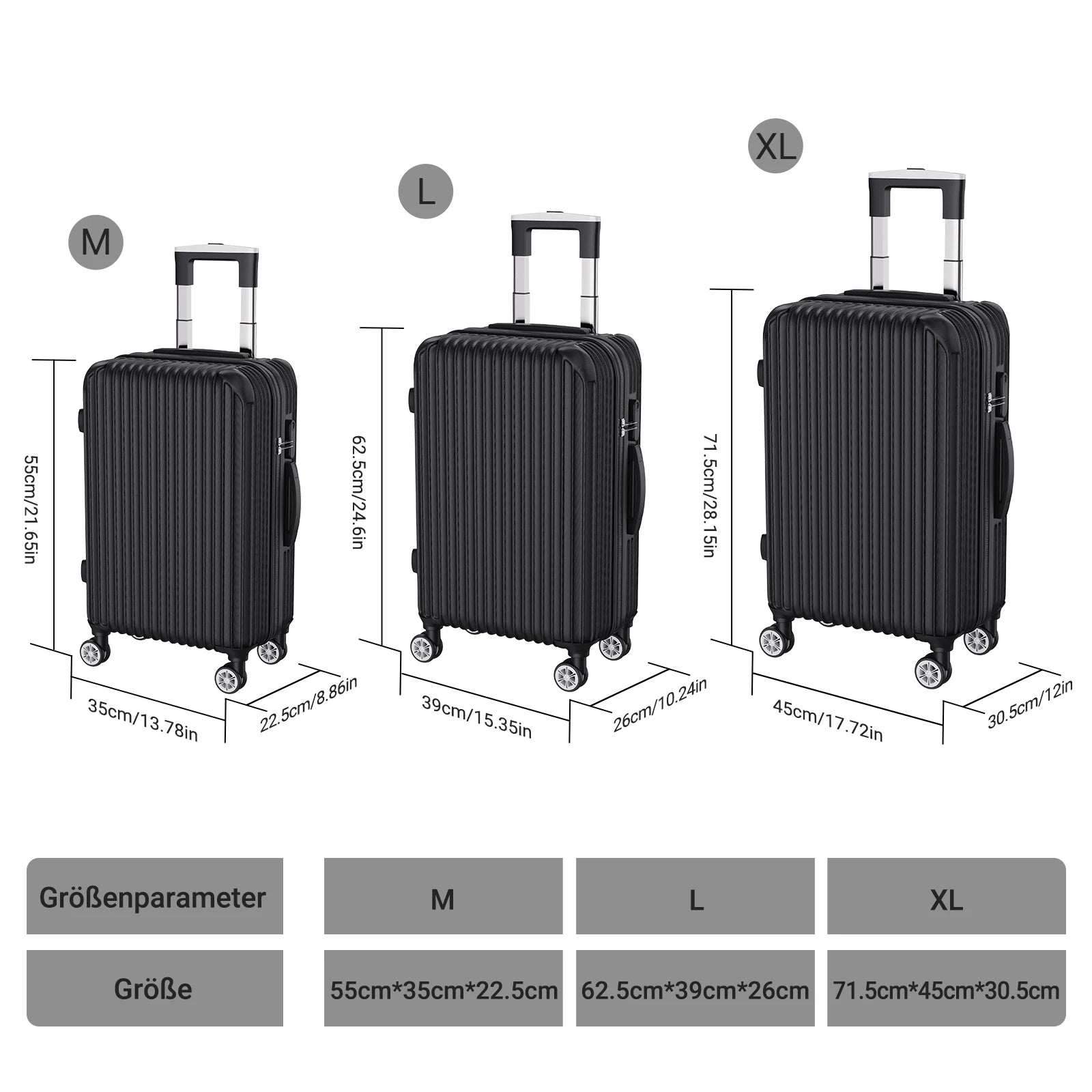 Anajqaqia 3-Piece Travel Suitcase Set with Wheels and Lock, Hard-Shell Trolley, Telescopic Handle, M, L, XL, Silvery