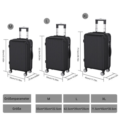 Anajqaqia 3-Piece Travel Suitcase Set with Wheels and Lock, Hard-Shell Trolley, Telescopic Handle, M, L, XL, Silvery