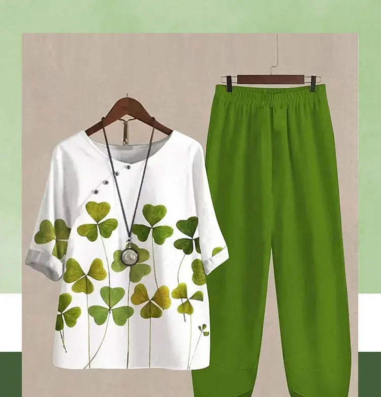 New Two Piece Set Women Casual O Neck Short Sleeve Stripe Printed Fit Summer Ladies Tops T Shirt Elegant Loose Pants Suits Fall