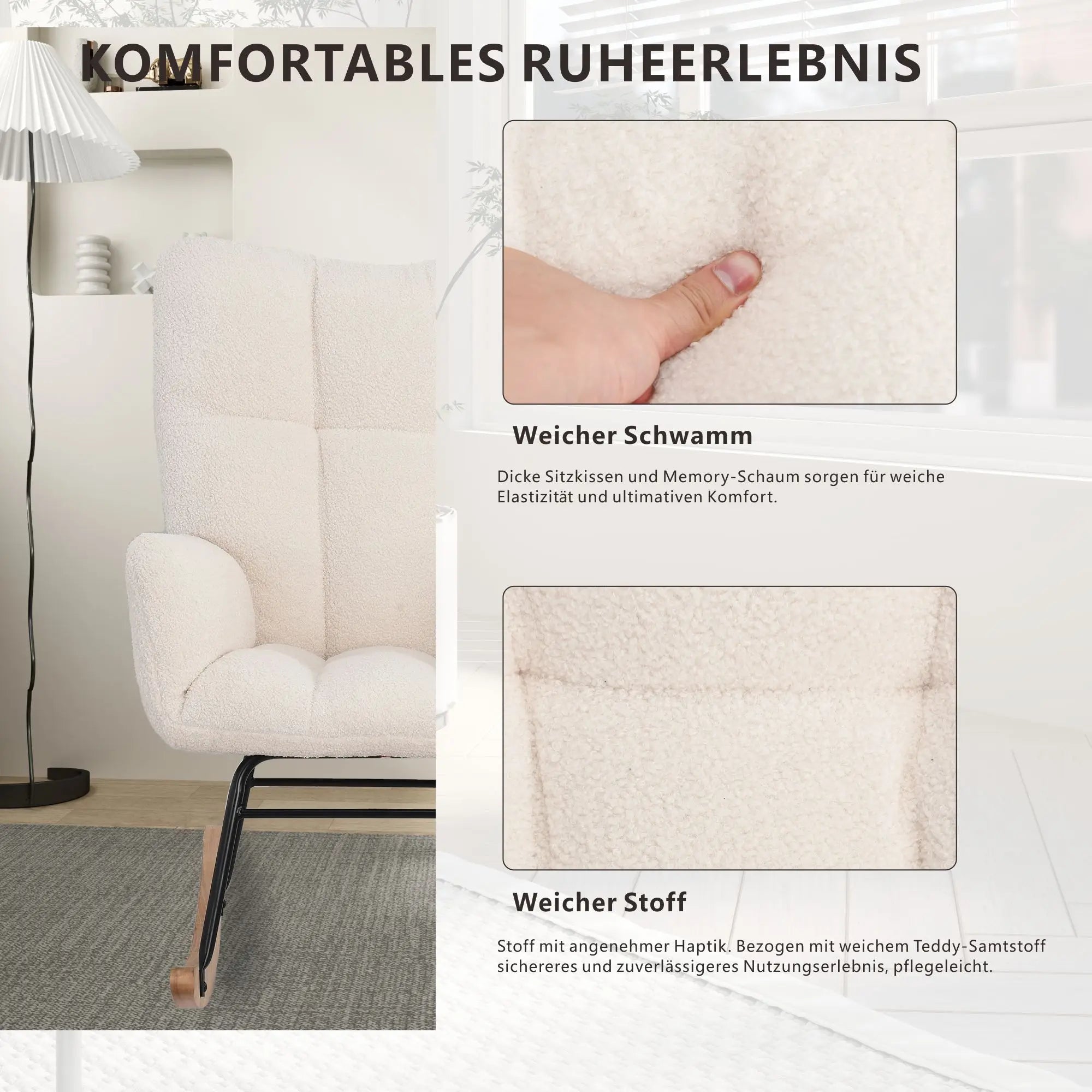 Anajqaqia Rocking Chair, Armchair, Upholstered Swing Chair with High Backrest, for Living Room Bedroom Balcony, Lambswool, Beige