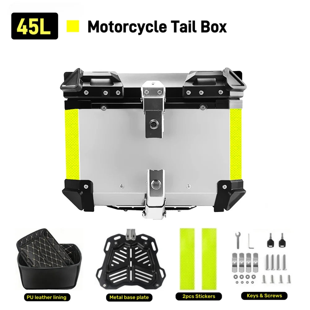 65/55/45L Aluminum Silvery Motorcycle Top Box Waterproof Rear Luggage Case Motorbike Trunk Tail Helmet Box Quick Release Toolbox