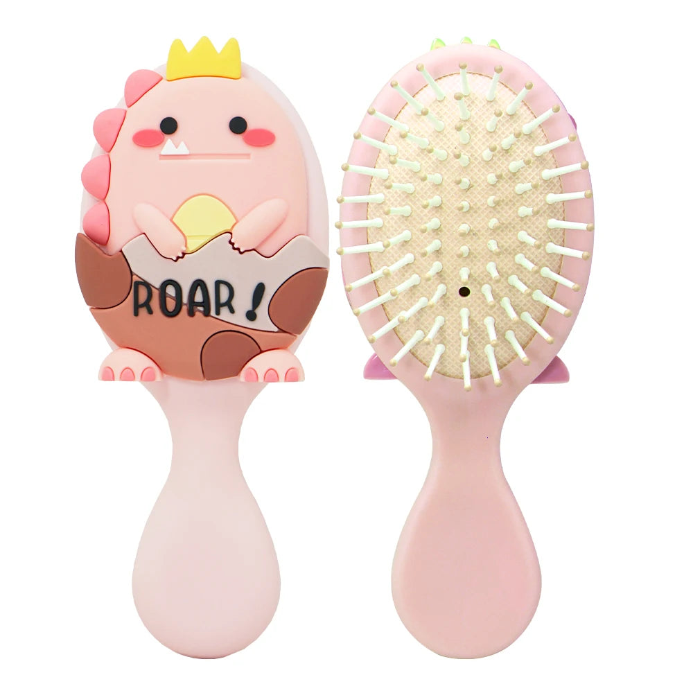 Cute Cartoon Dinosaur Hair Brush Set Detangling Mini Brush Set Travel Protable Comb Folding Mirror for Child Baby Girls Boys
