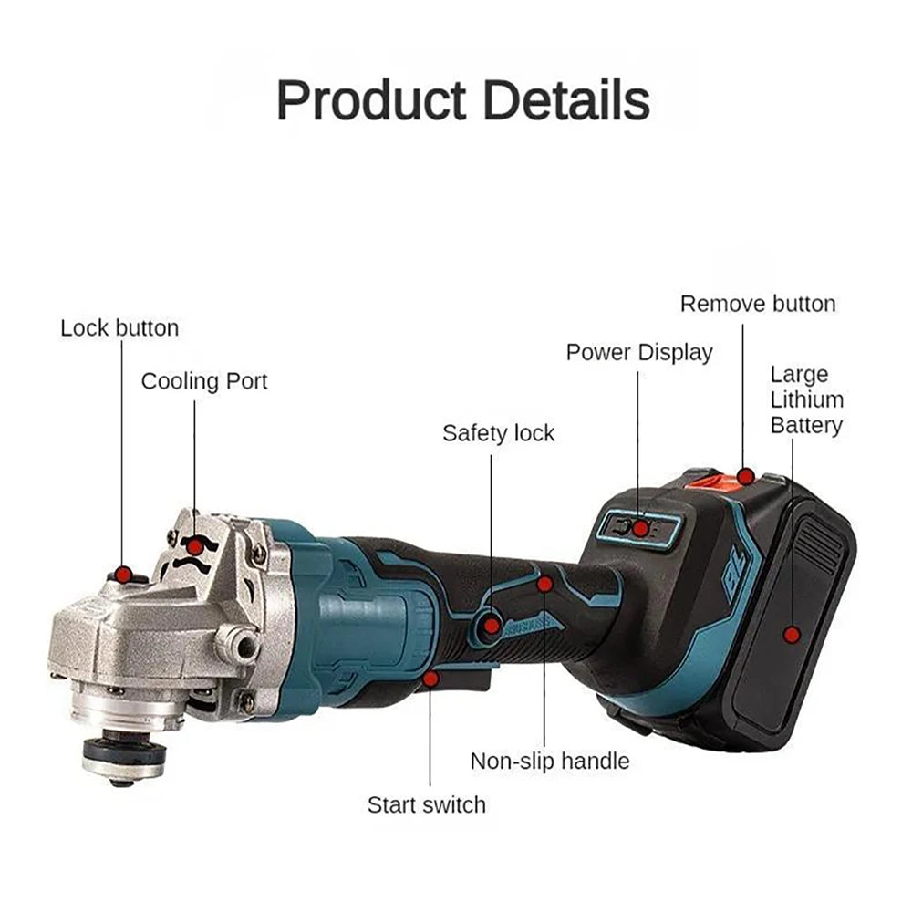 Amoladora angular eléctrica sin escobillas de 125 mm, 3 velocidades, inalámbrica, herramienta de corte para carpintería, compatible con batería Makita de 18 V.