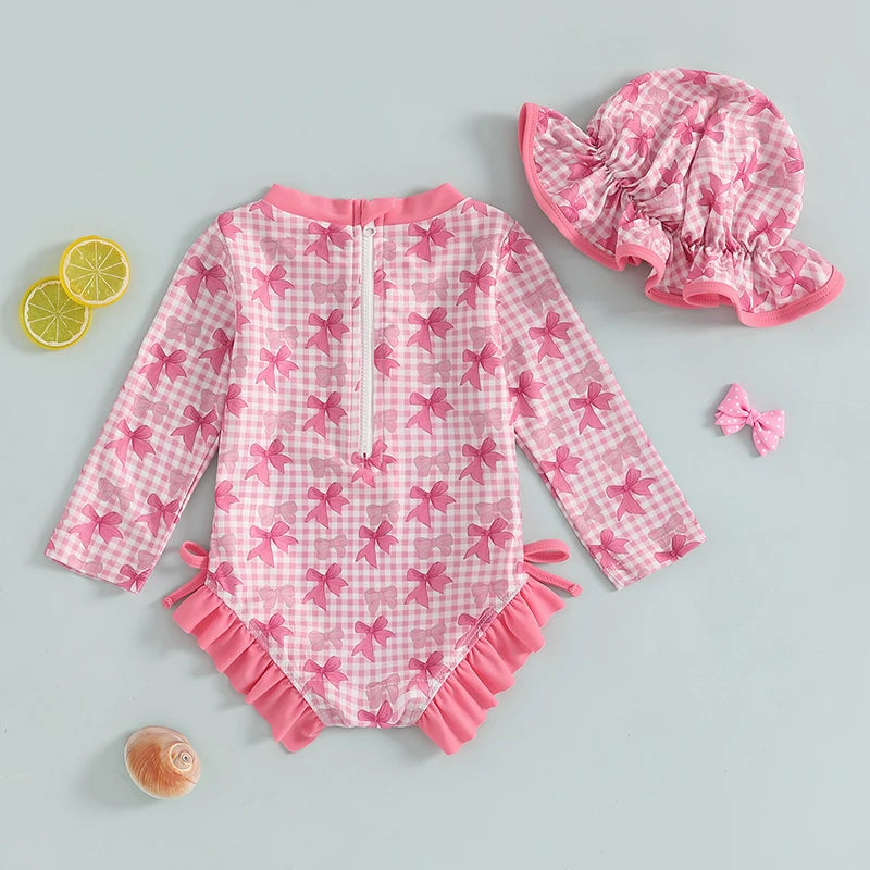 Kids Baby Girl Summer Swimwear Floral Print Backless Ruffles Long Sleeve Bodysuit Bathing Suit Girls Beachwear 0-4 Years