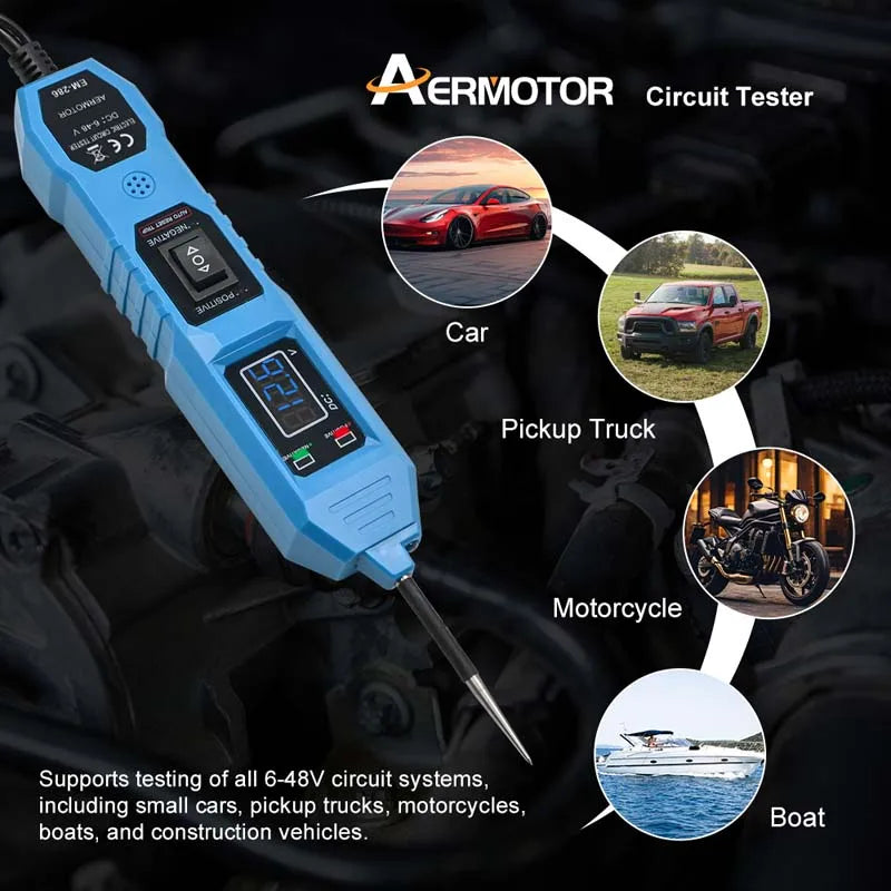 Probador de circuito eléctrico automotriz universal de 6 V-48 V, comprobador del sistema eléctrico del automóvil, kit de sonda de voltaje y potencia, pantalla digital LED.