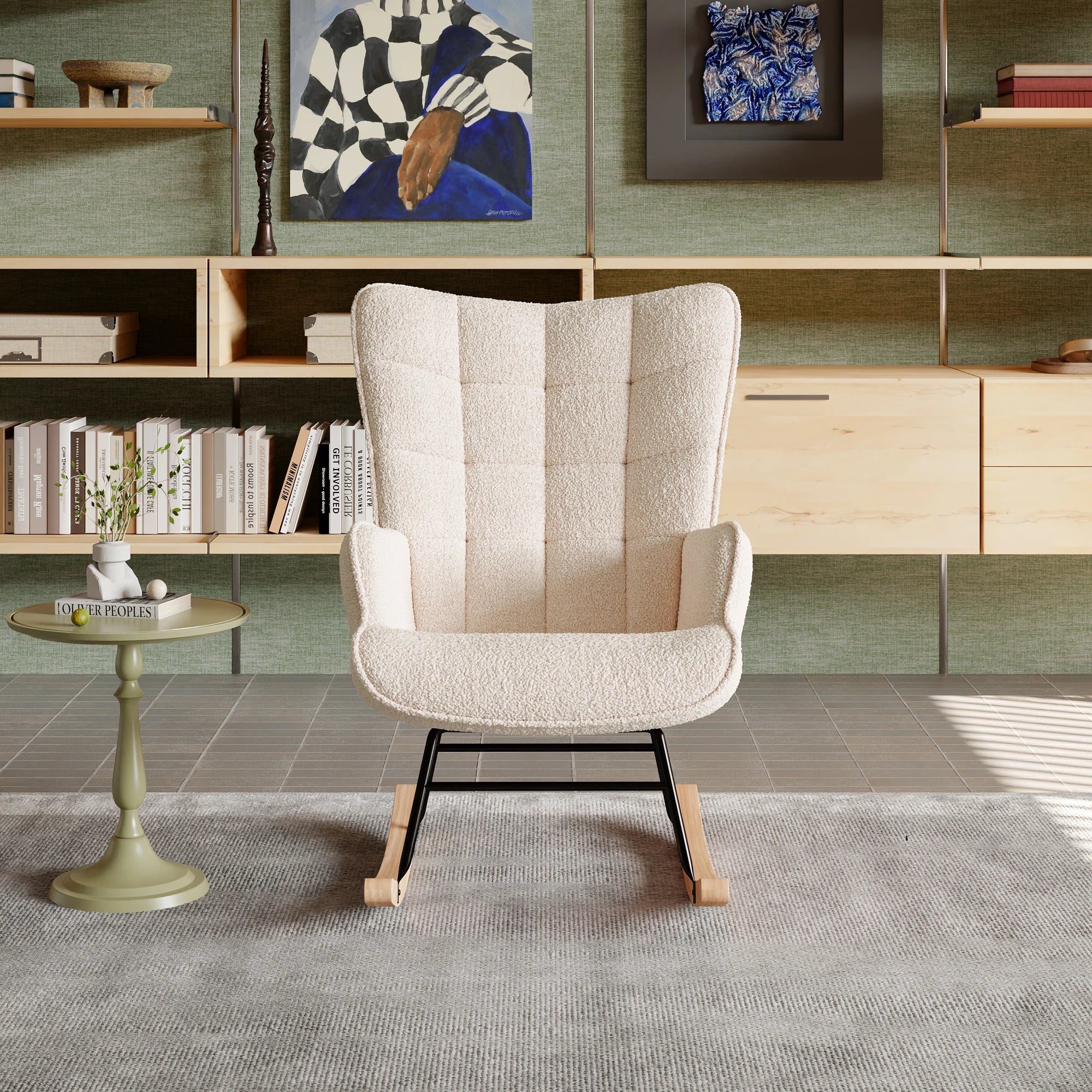 Anajqaqia Rocking Chair, Relaxing Chair, Living Room Chair, Swing Chair, with Metal Frame and Wooden Base, Teddy, Beige