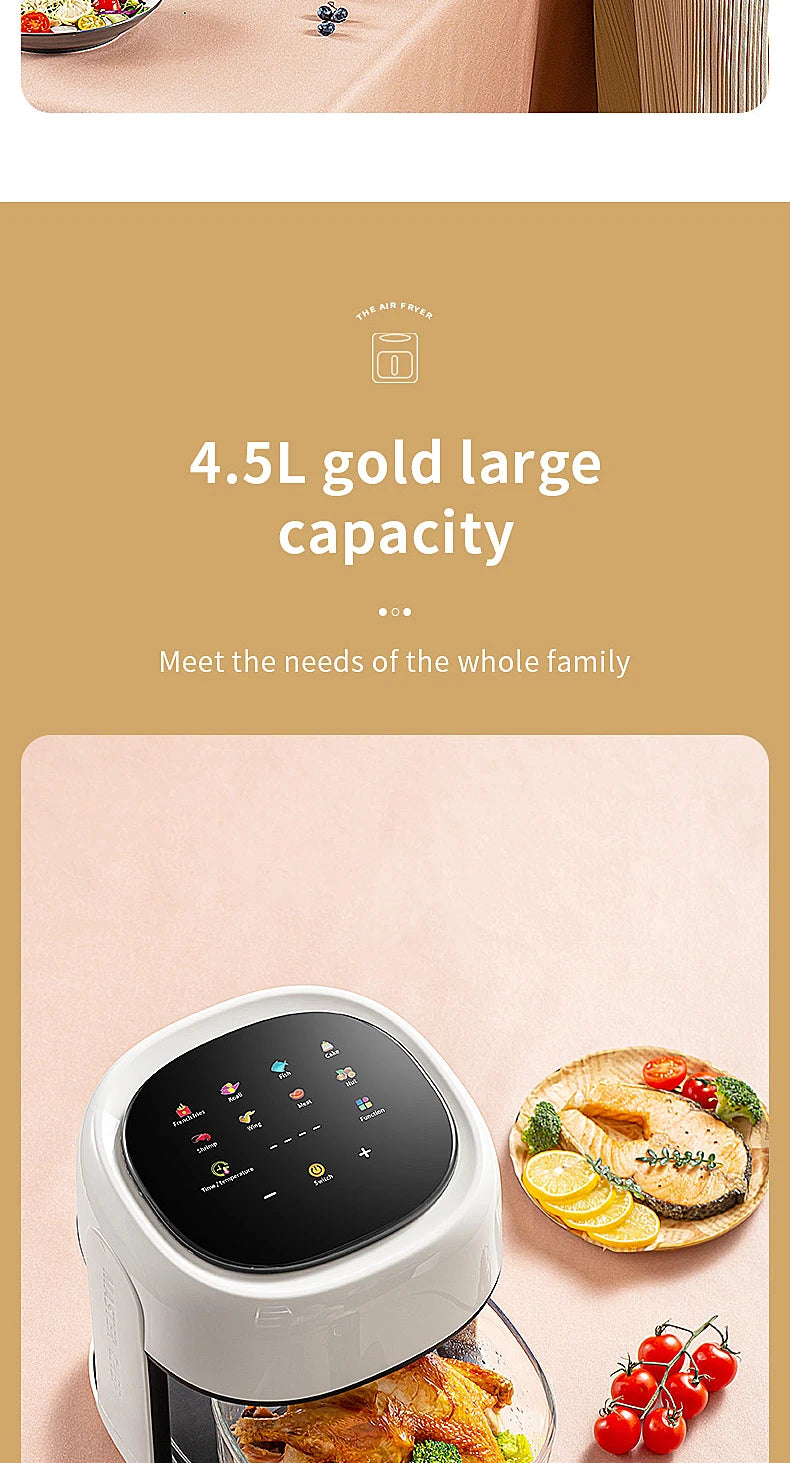 Smart Electric Air Fryer Large Capacity Convection Oven Deep Fryer Without Oil Kitchen 360°Baking Viewable Window Home Appliance