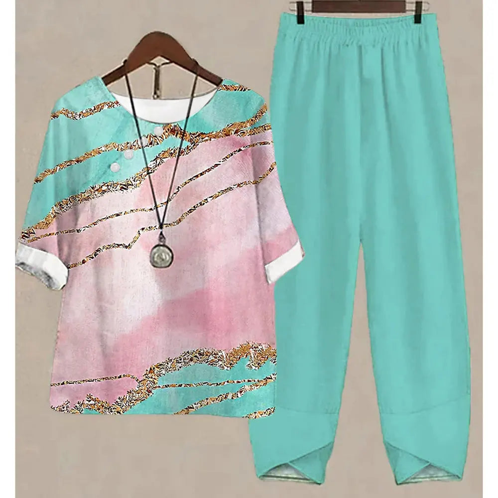 Nuevo conjunto de dos piezas para mujer, informal, cuello redondo, manga corta, estampado a rayas, top de verano para mujer, camiseta, pantalones holgados elegantes, trajes de otoño