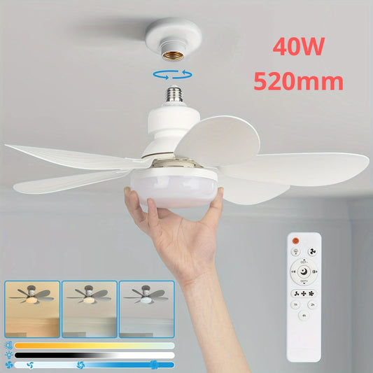 Ventilador de techo con enchufe de 40 W y luz, de 21,5", con tornillo, luz y control remoto, con enchufe E27 y LED para baño, dormitorio y cocina.