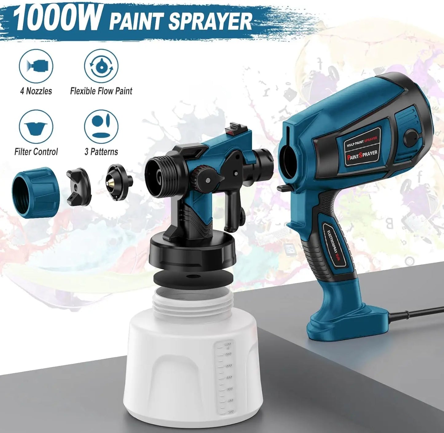 1400ML Electric Spray Gun 850W High Power HVLP Paint Sprayer Auto Furniture Steel Coating Airbrush for Home DIY With 4 Nozzles
