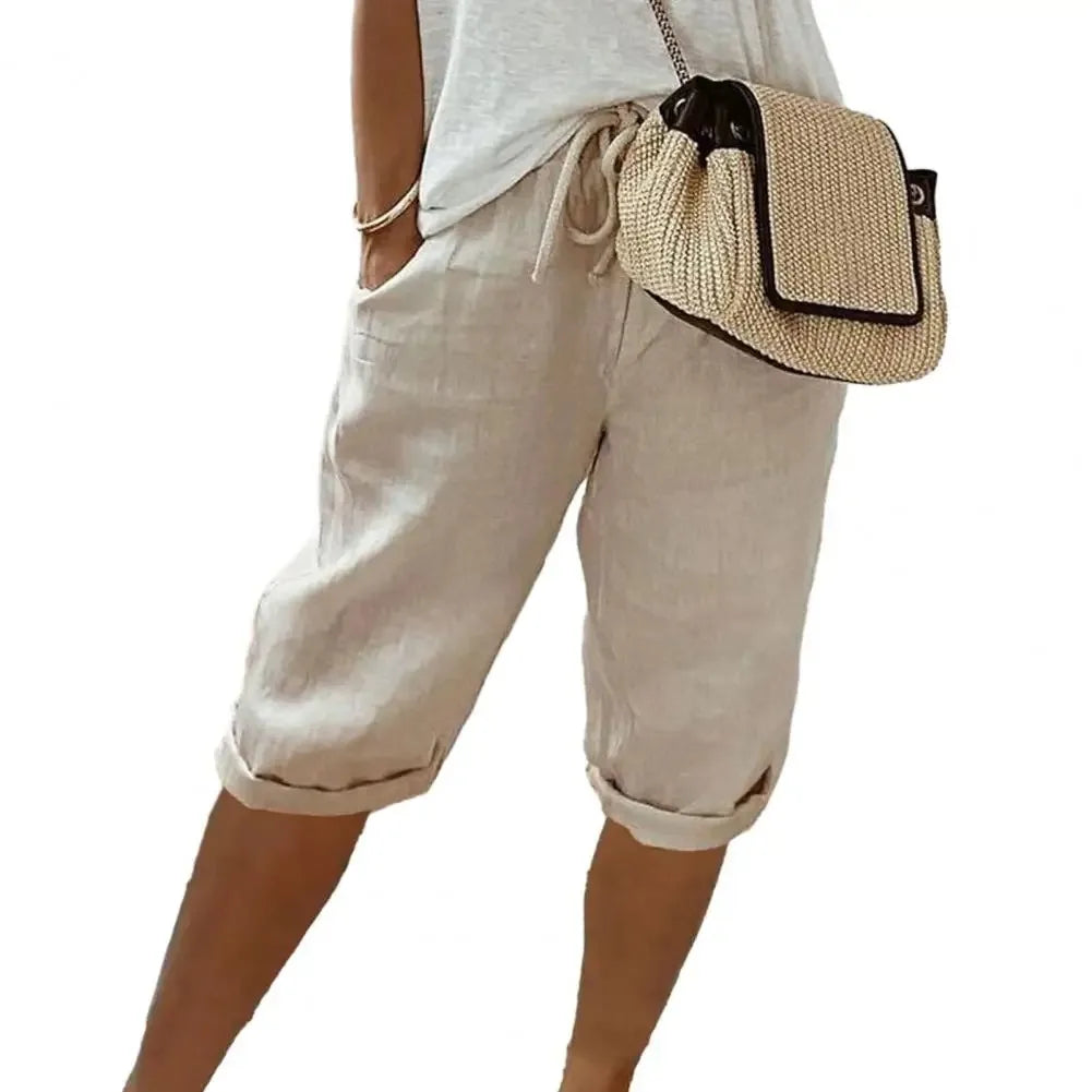 Pantalones cortos de lino y algodón con cordones para mujer, estilo vintage americano, cintura alta elástica, pierna ancha y bolsillo, estilo urbano