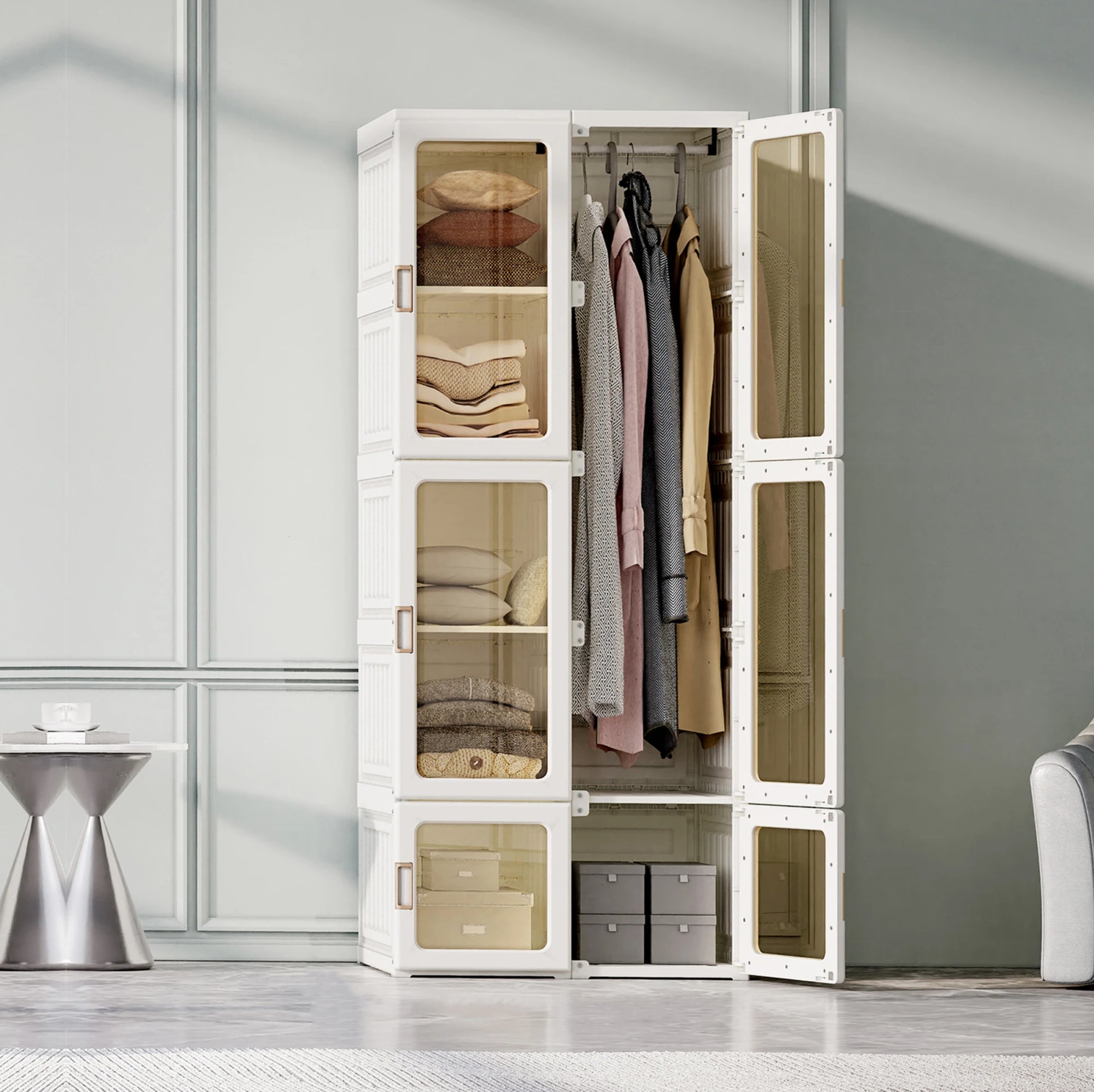 Anajqaqia 69x50x170cm Foldable Closet Wardrobe with 6 Cubes and 1 Hanging Rail, Multi-Purpose Cabinet with Magnetic Doors, PP