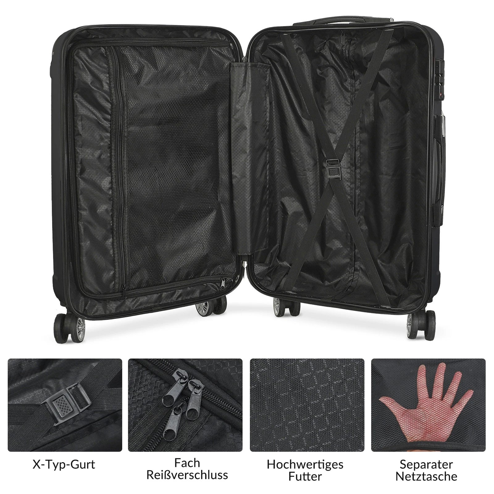 Comanlai 3-Piece Luggage Set,ABS Travel Hard Shell Suitcase,Lightweight Hand Trolley with 360° Spinner Wheels & TSA Lock,Black