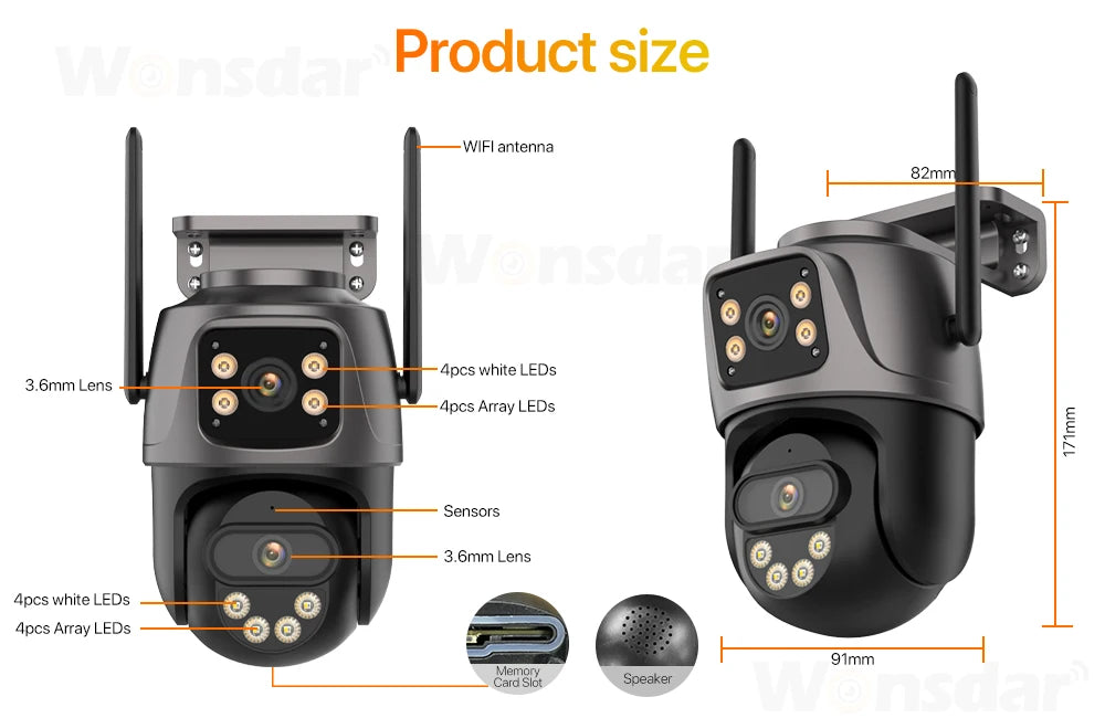 Three Screen WIFI IP Camera Outdoor 4K Dual Lens PTZ Camera Ai Human Detection IP66 Waterproof CCTV Video Security Camera iCsee