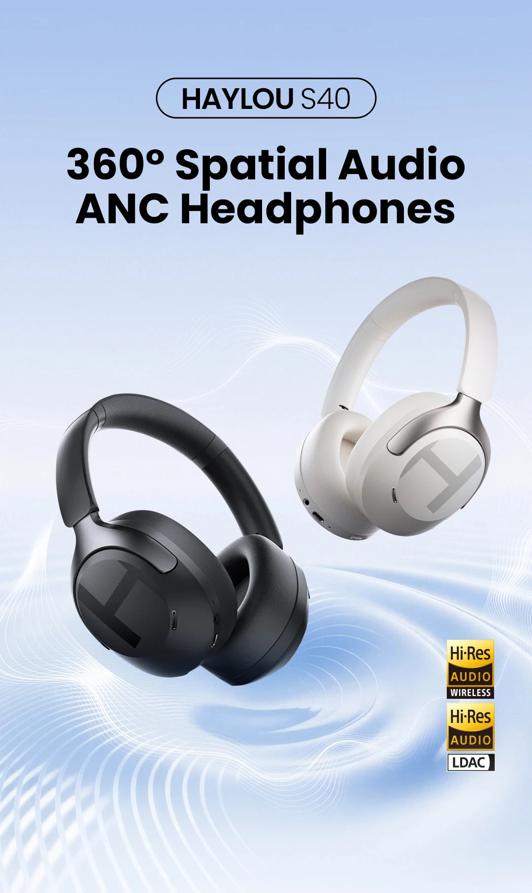 Fone de Ouvido Sem Fio HAYLOU S40 ANC com Cancelamento de Ruído de 50dB, Áudio Espacial 3D Hi-Res, LDAC, Bluetooth 6.0 e Design Over-Ear