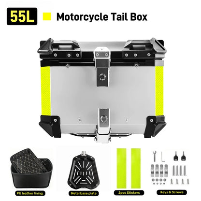 65/55/45L Aluminum Silvery Motorcycle Top Box Waterproof Rear Luggage Case Motorbike Trunk Tail Helmet Box Quick Release Toolbox