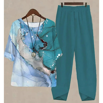 Nuevo conjunto de dos piezas para mujer, informal, cuello redondo, manga corta, estampado a rayas, top de verano para mujer, camiseta, pantalones holgados elegantes, trajes de otoño