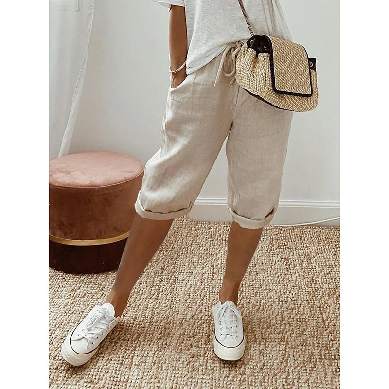 Pantalones cortos de lino y algodón con cordones para mujer, estilo vintage americano, cintura alta elástica, pierna ancha y bolsillo, estilo urbano