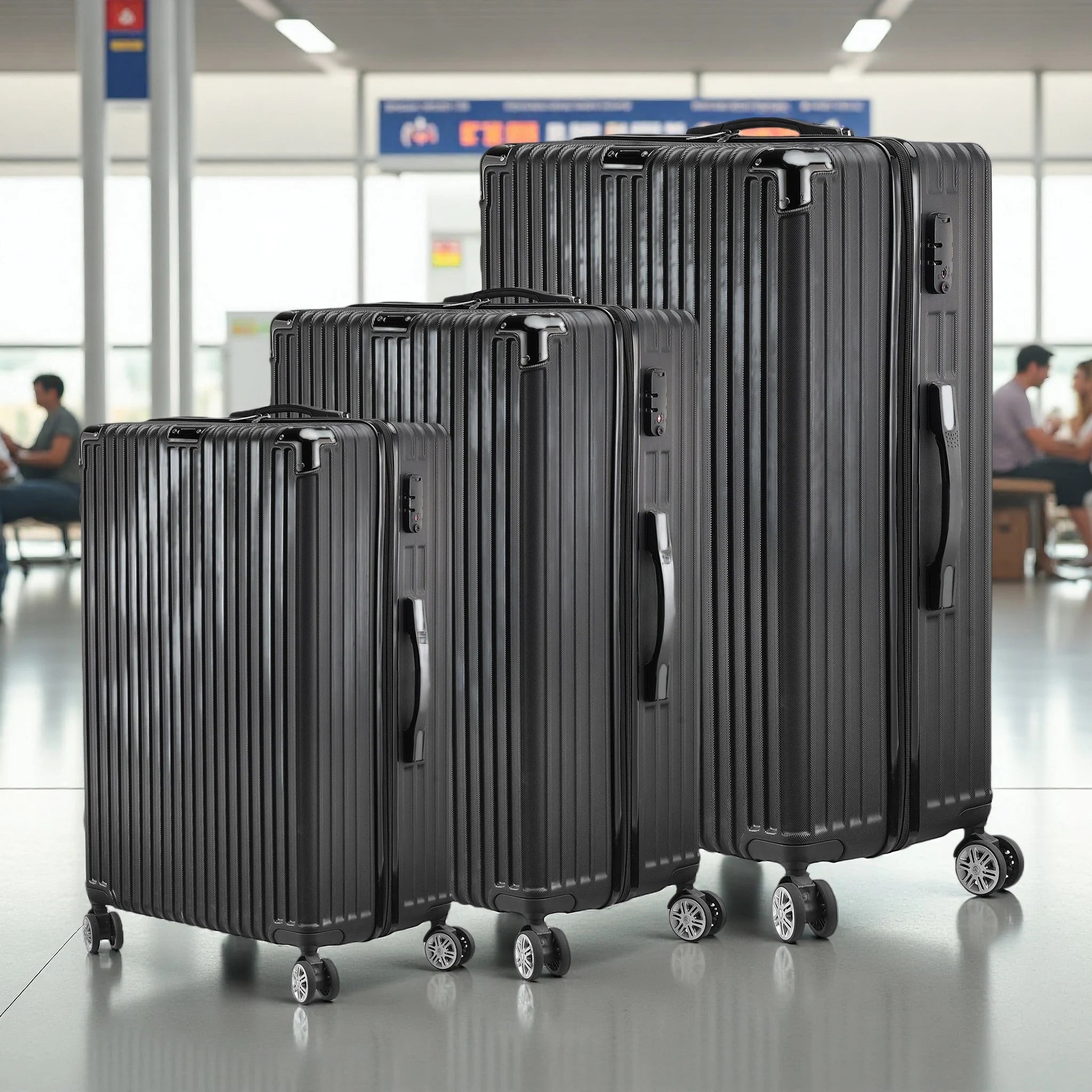 3-Piece Hard Shell Suitcase Set, Trolley Carry-on Luggage, Travel Suitcase Set, Trolley Set with TSA Lock and 4 Wheels, Rolling Suitcase, Luggage Sets, Black (M, L & XL)