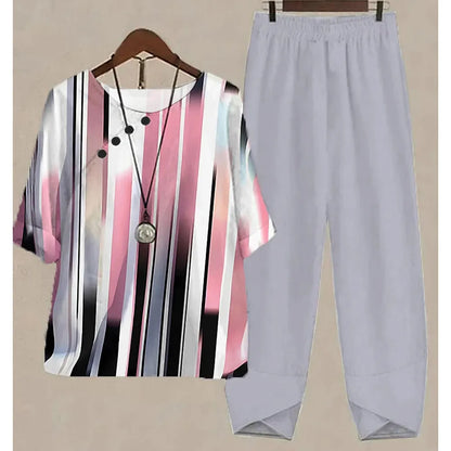 Nuevo conjunto de dos piezas para mujer, informal, cuello redondo, manga corta, estampado a rayas, top de verano para mujer, camiseta, pantalones holgados elegantes, trajes de otoño