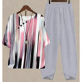New Two Piece Set Women Casual O Neck Short Sleeve Stripe Printed Fit Summer Ladies Tops T Shirt Elegant Loose Pants Suits Fall
