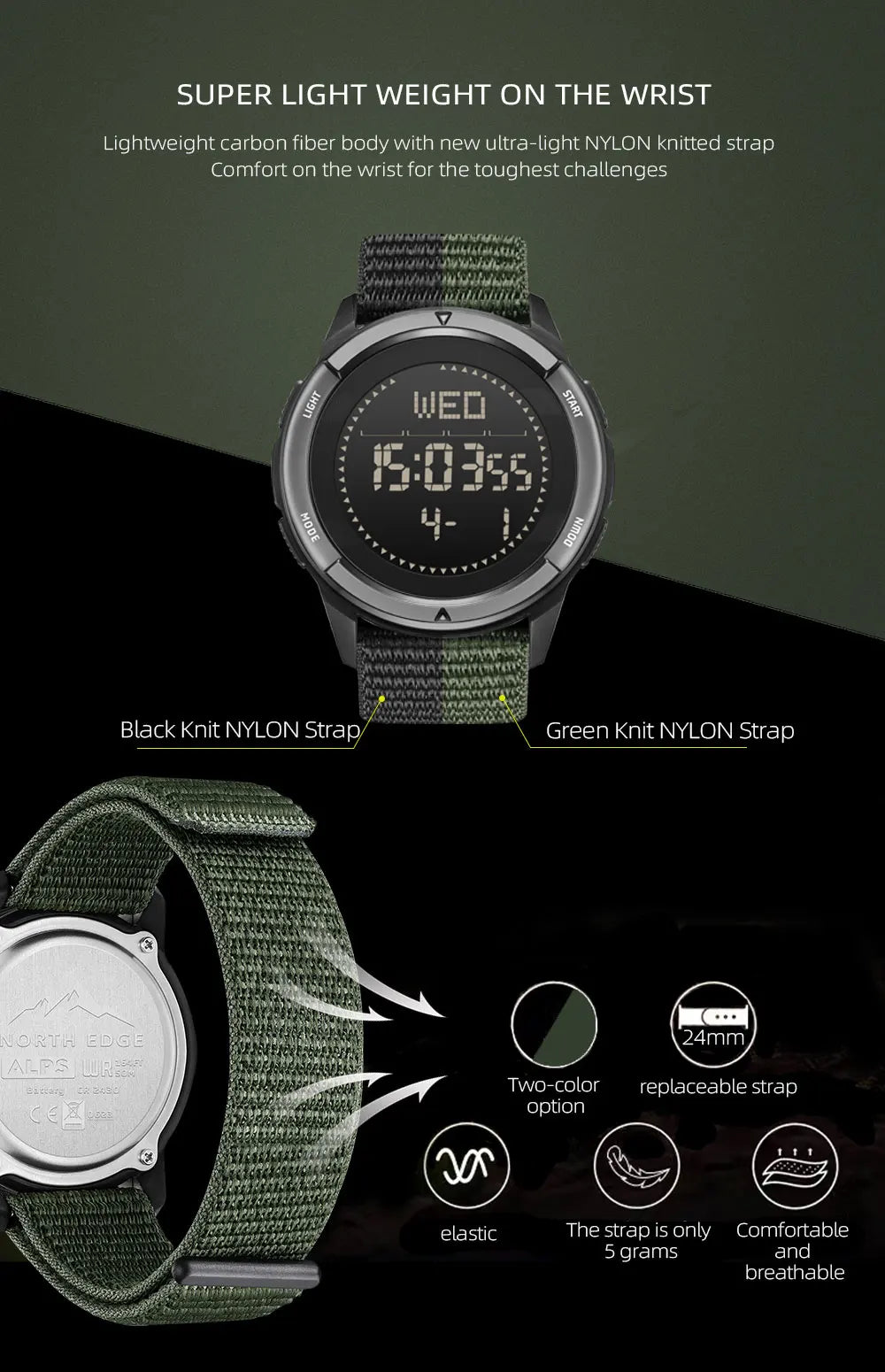 NORTH EDGE ALPS Reloj digital de fibra de carbono para hombre, resistente a golpes, deportivo, militar, superligero, con brújula para exteriores, resistente al agua hasta 50 m.