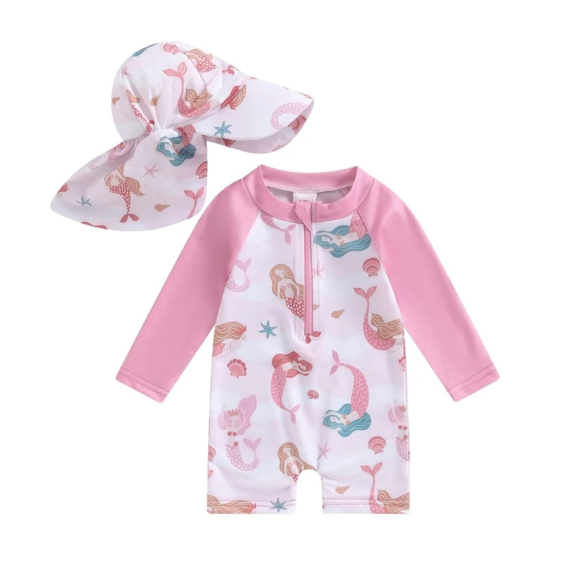 Trajes de baño de verano para niñas y niños pequeños, de manga larga, con estampado floral/tropical, con cremallera y sombrero.