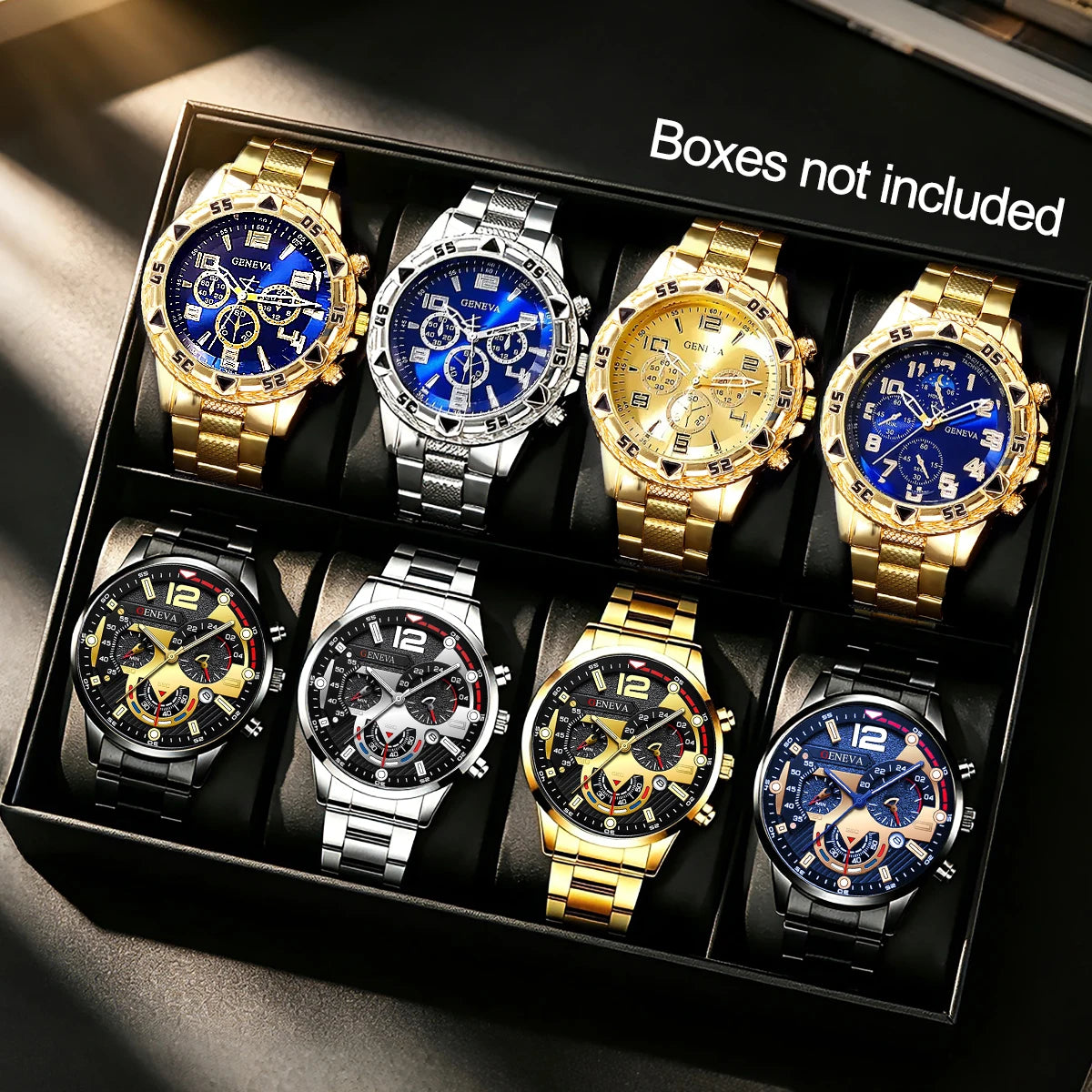 Conjunto de 8 peças de relógio masculino estilo executivo em aço inoxidável, adequado para uso casual no dia a dia e presente de Dia dos Pais; uma escolha ideal para presentear.