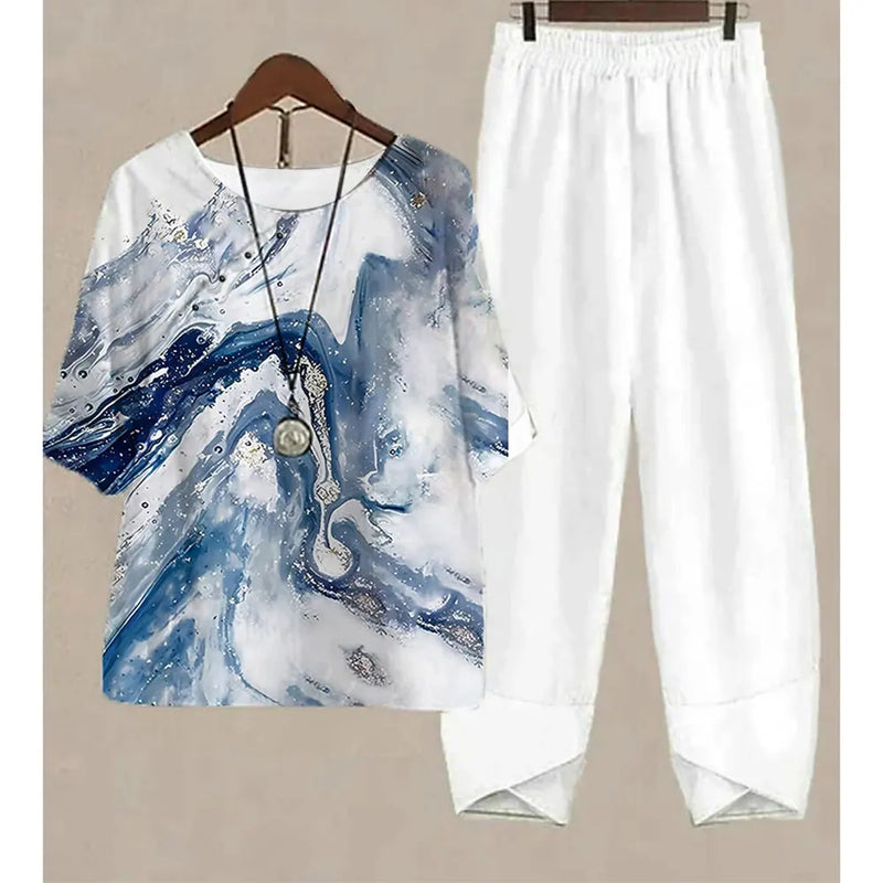 New Two Piece Set Women Casual O Neck Short Sleeve Stripe Printed Fit Summer Ladies Tops T Shirt Elegant Loose Pants Suits Fall