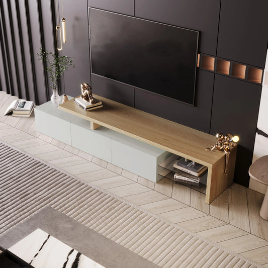 ROSAHQNDA Modern TV Cabinet, LED Stylish Living Room Furniture, Practical Storage Space, High-Gloss, Glass Shelves, 200x42x39cm
