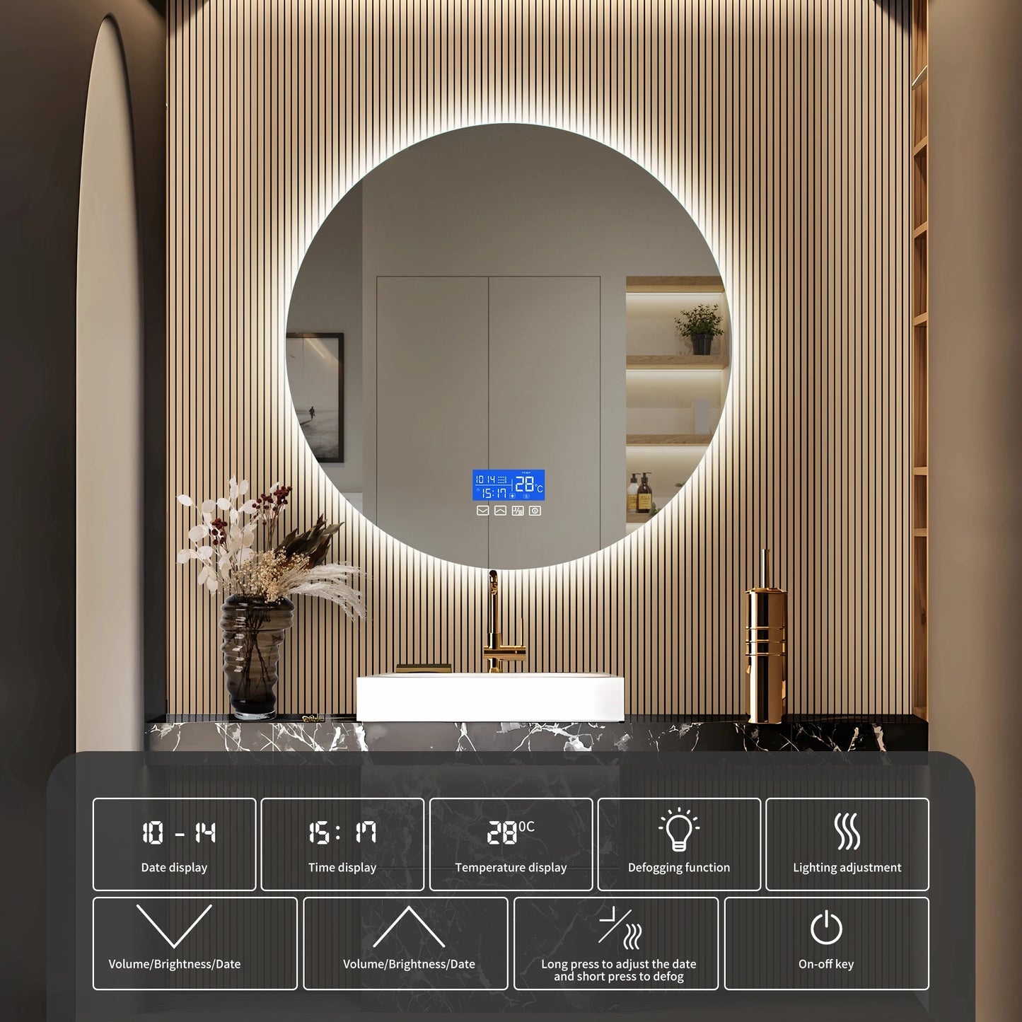Anajqaqia 100x100cm Bathroom Mirror with LED Lighting, with 3 Adjustable Brightnesses, Temperature Display and Anti-Fog, Round