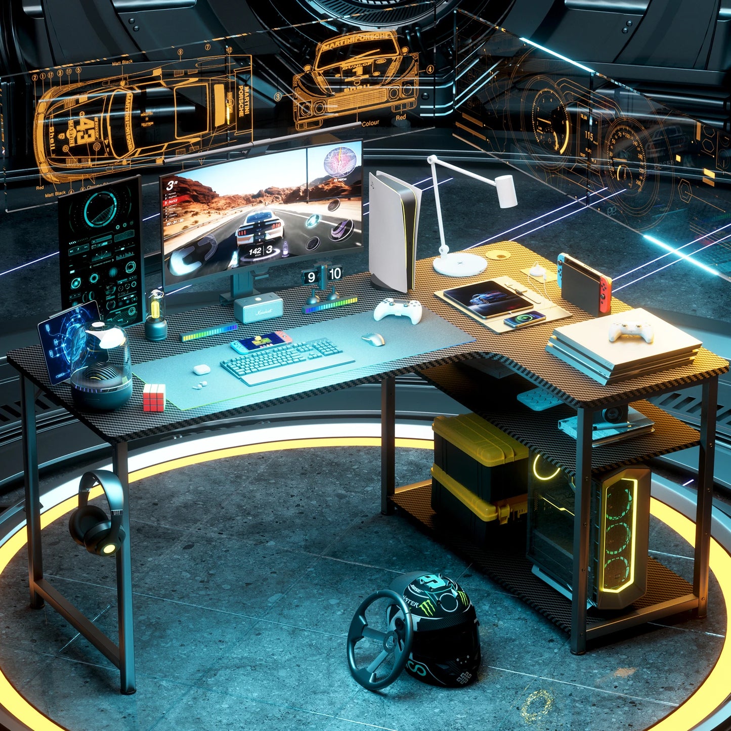 COMHOMA Desk Gaming table with Shelf, corner desk with USB charging port and socket, 120cm computer table L shape PC