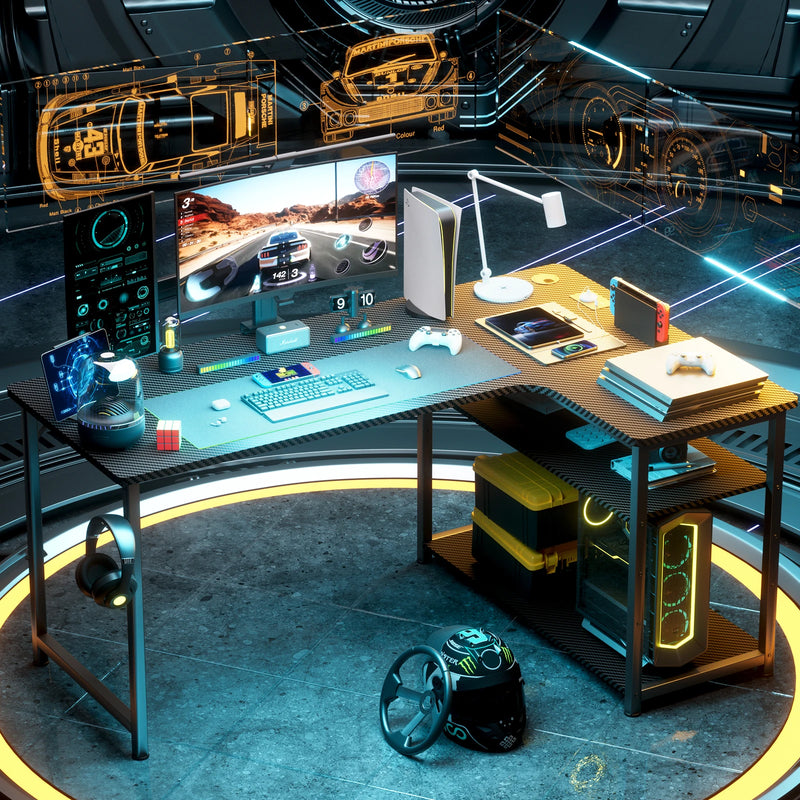 COMHOMA Desk Gaming table with Shelf, corner desk with USB charging port and socket, 120cm computer table L shape PC