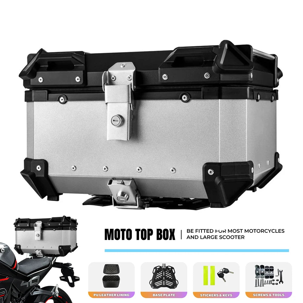 65L Universal Motorcycle Aluminum Rear Trunk Luggage Case Waterproof Tail ToolBox Storage Box with 2 Keys Reflective Sticker