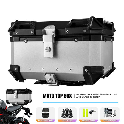 65L Universal Motorcycle Aluminum Rear Trunk Luggage Case Waterproof Tail ToolBox Storage Box with 2 Keys Reflective Sticker
