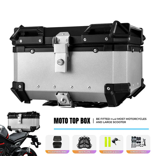 65L Universal Motorcycle Aluminum Rear Trunk Luggage Case Waterproof Tail ToolBox Storage Box with 2 Keys Reflective Sticker