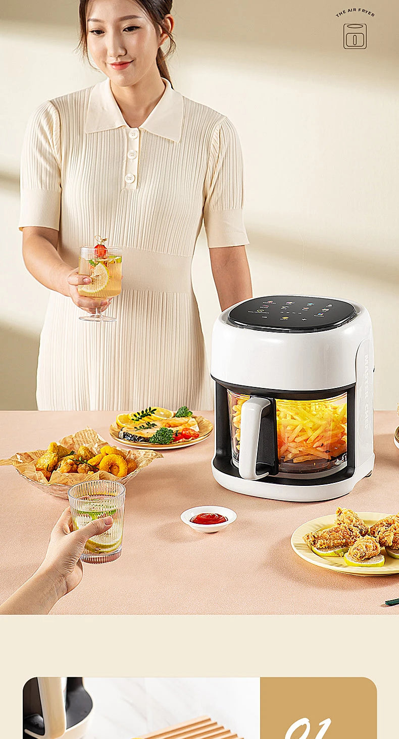 Smart Electric Air Fryer Large Capacity Convection Oven Deep Fryer Without Oil Kitchen 360°Baking Viewable Window Home Appliance