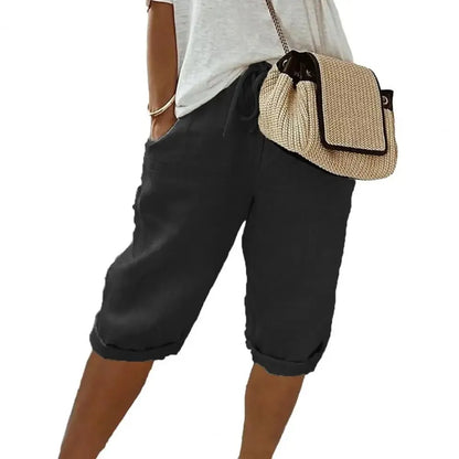 Pantalones cortos de lino y algodón con cordones para mujer, estilo vintage americano, cintura alta elástica, pierna ancha y bolsillo, estilo urbano
