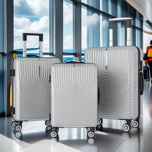 Anajqaqia 3-Piece Travel Suitcase Set with Wheels and Lock, Hard-Shell Trolley, Telescopic Handle, M, L, XL, Silvery