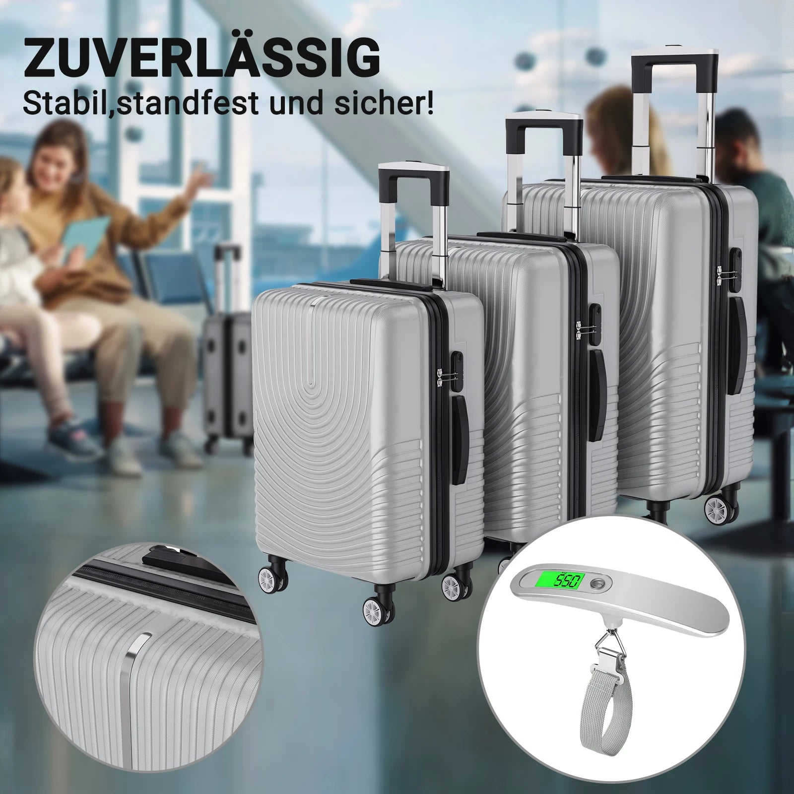 Anajqaqia 3-Piece Travel Suitcase Set with Wheels and Lock, Hard-Shell Trolley, Telescopic Handle, M, L, XL, Silvery