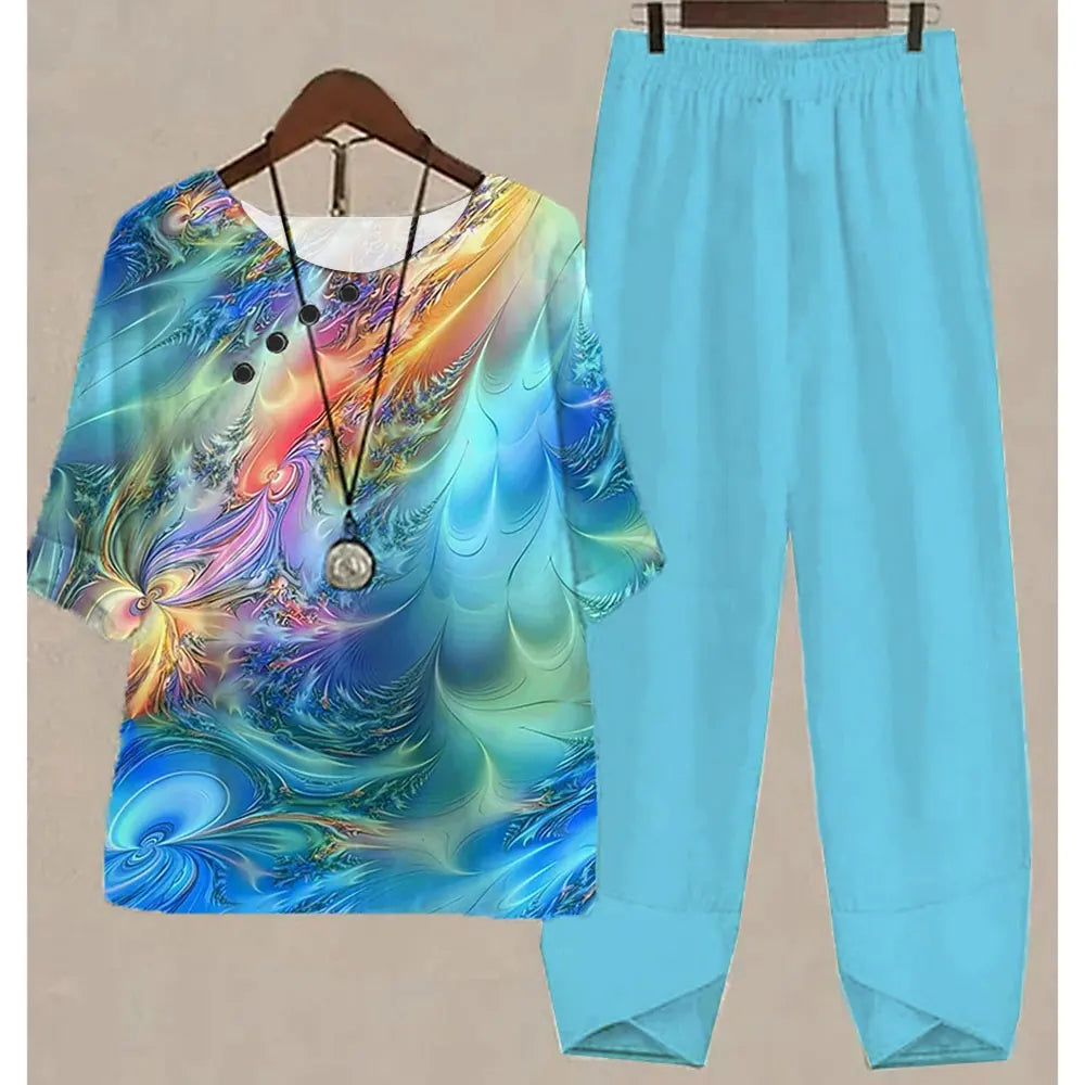 Nuevo conjunto de dos piezas para mujer, informal, cuello redondo, manga corta, estampado a rayas, top de verano para mujer, camiseta, pantalones holgados elegantes, trajes de otoño