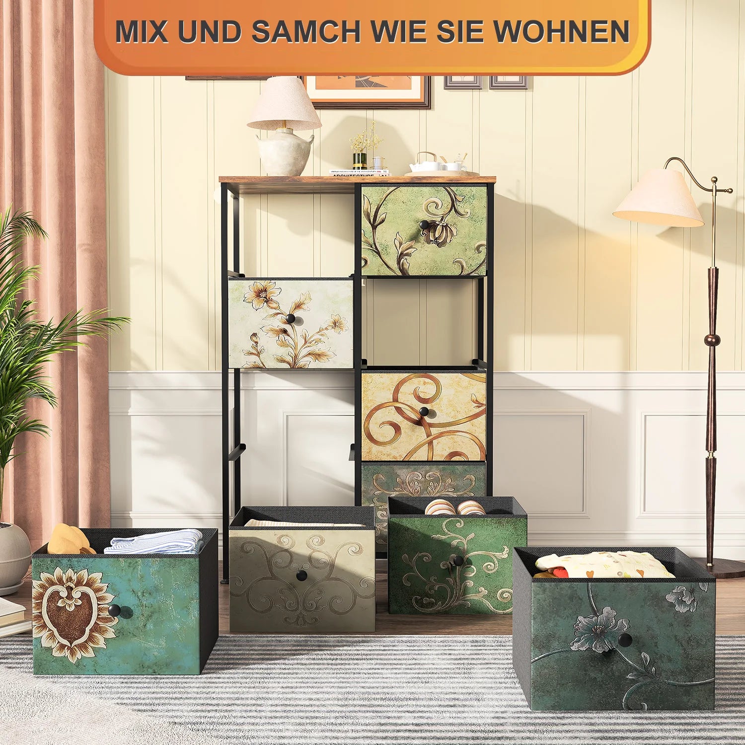 Rosahqnda chest of drawers with drawers Bohemian dressing table with wooden panel, fabric drawers, metal frame, fabric chest of drawers