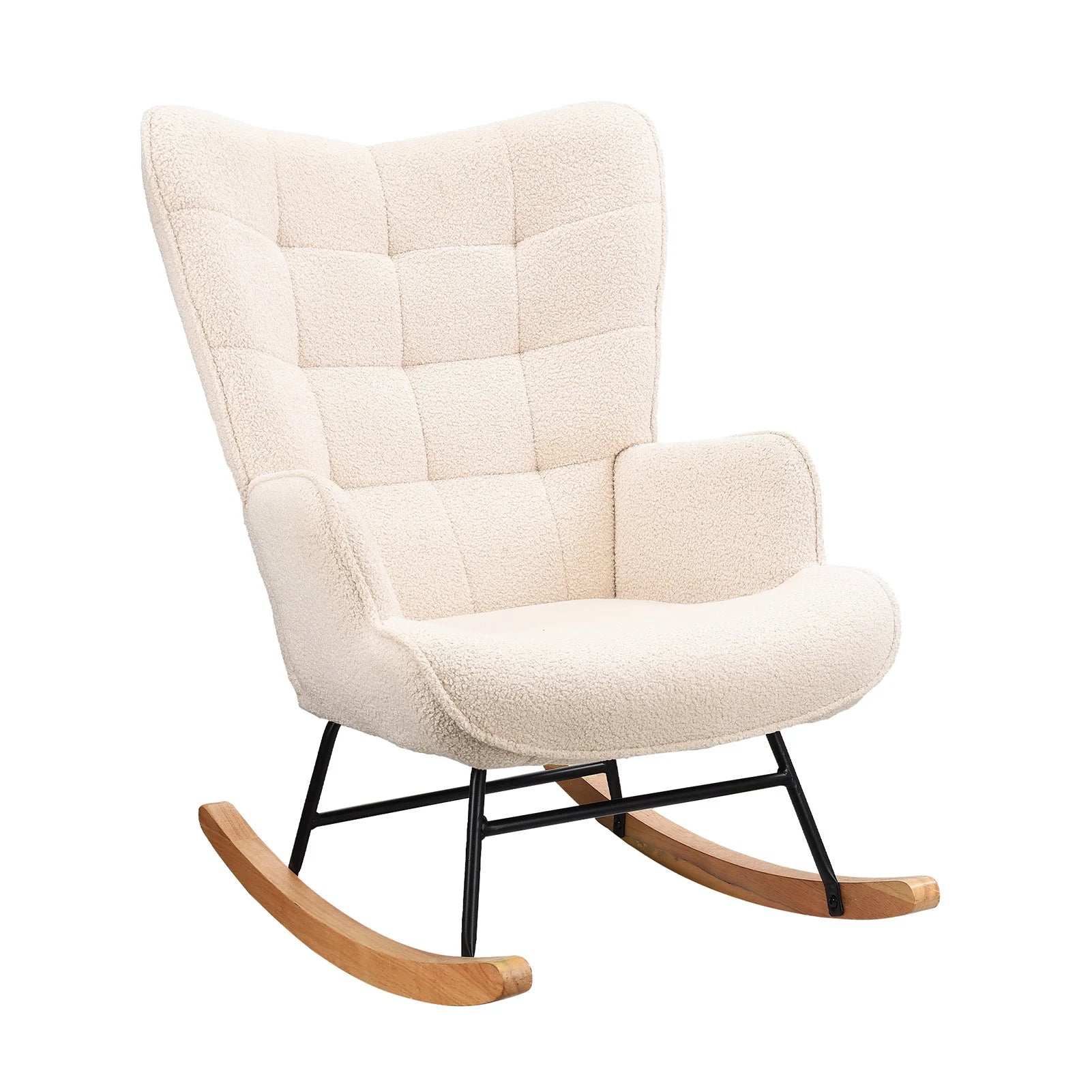 Anajqaqia Rocking Chair, Relaxing Chair, Living Room Chair, Swing Chair, with Metal Frame and Wooden Base, Teddy, Beige